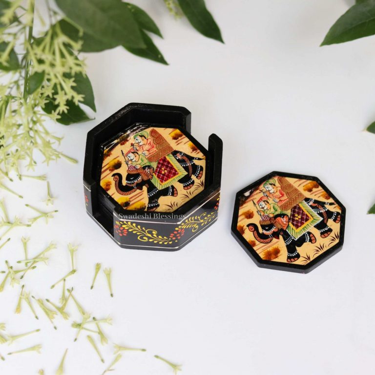 Wooden Octagonal Coffee/ Tea Coasters Set- Handcrafted &amp; Hand-Painted for Kitchen/Table &amp; Home Decor/Dinning/Living Room/Coffee Table (Set of 6) Combo