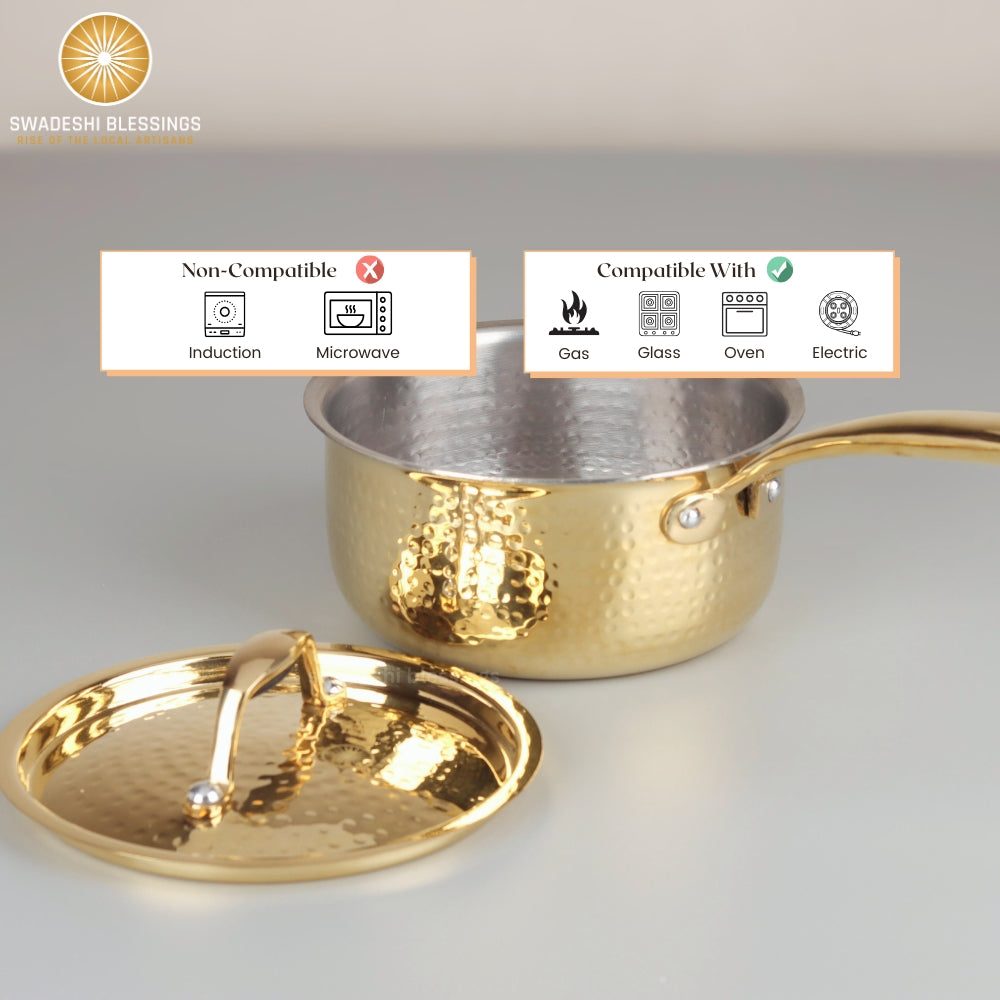 Swadeshi Blessings Exclusive Range Brass Sauce Pan for Cooking, with Lid/Teflon-Free/Naturally Non-Stick Brass Utensils with Tin Coating