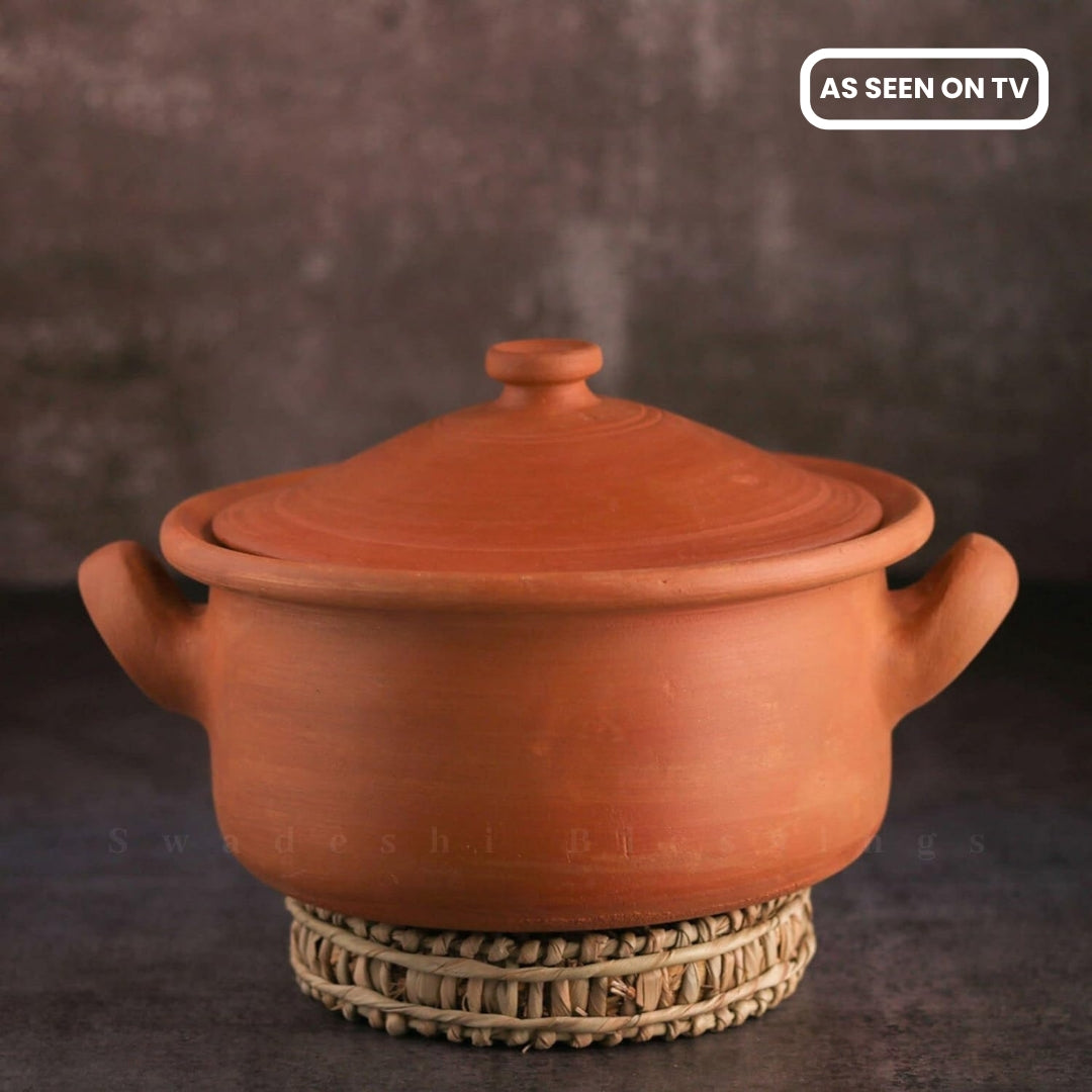 Swadeshi Blessings Exclusive Range Unglazed Clay Pot For Serving with Lid/ Earthen Kadai /Mud Handi/ Mitti Ke Bartan (With Flat Base &amp; Mirror Finish) + FREE ASH For Cleaning