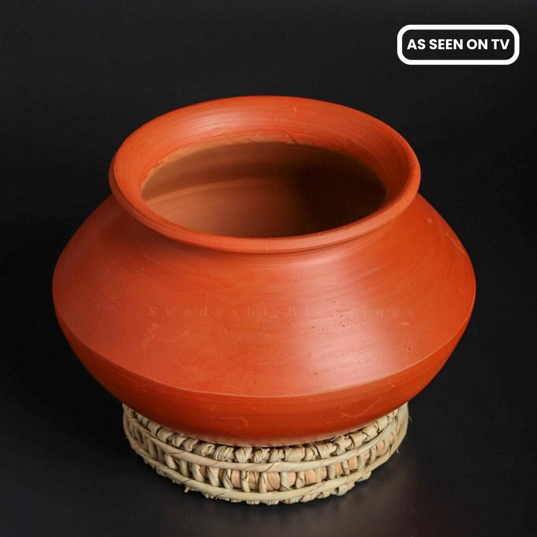 Swadeshi Blessings Exclusive Range Unglazed Mud/Earthen Handi/Mitti Ke Bartan/Clay Pot for Cooking &amp; Serving, (Stone Polished for Mirror Finish) + Free ASH for Cleaning