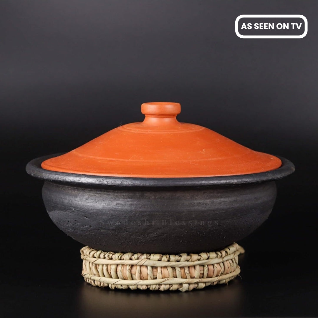 Swadeshi Blessings Exclusive Range Unglazed Earthen Pots/Clay Kadai for Cooking &amp; Serving with Lid 3 Liters (Stone Polished for Mirror Finish) + Free ASH for Cleaning