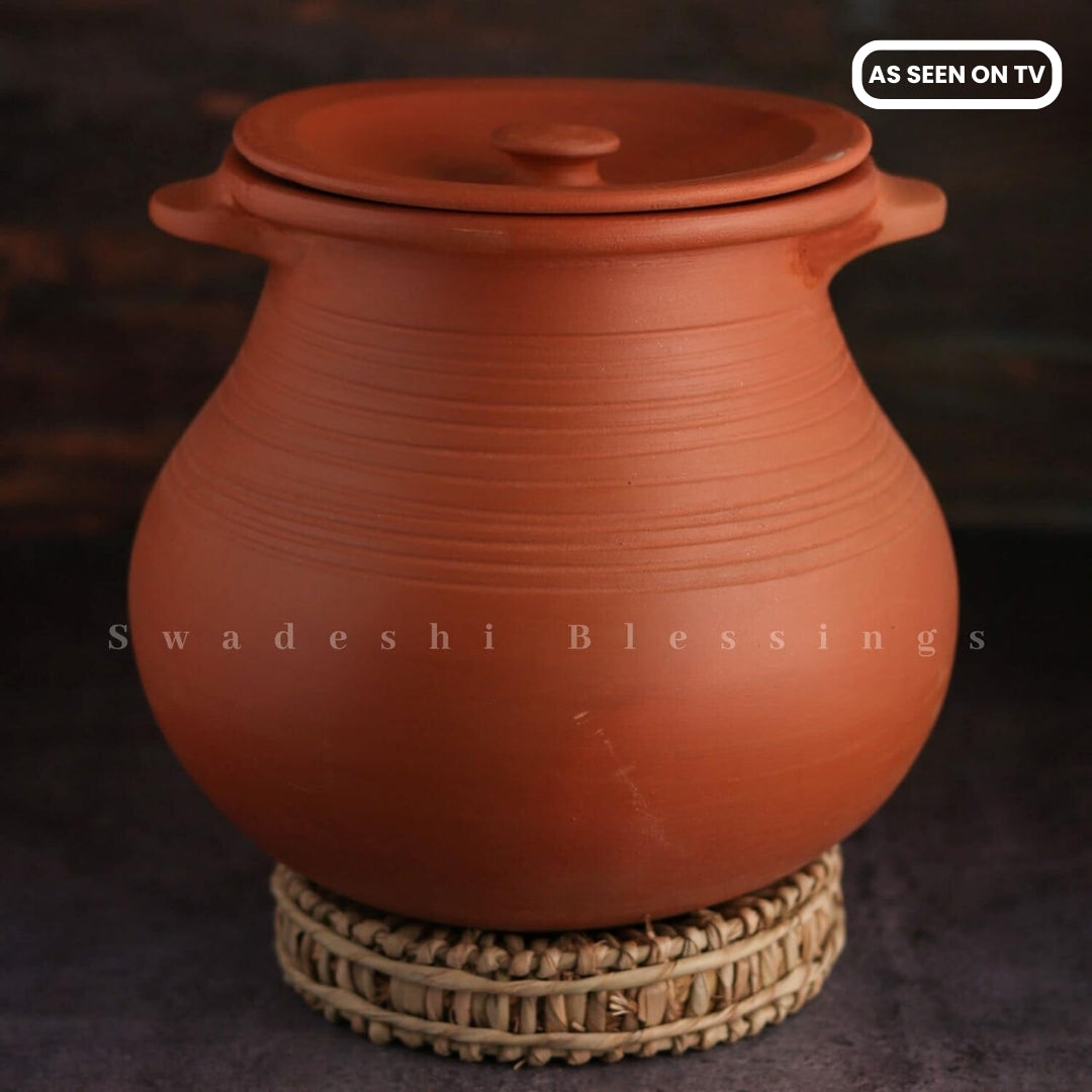 Unglazed Clay Pot For Cooking &amp; Serving with Lid/ Handmade Earthen Kadai/ Mud Handi/ Mitti Ke Bartan (With Mirror Finish) + ASH For Cleaning