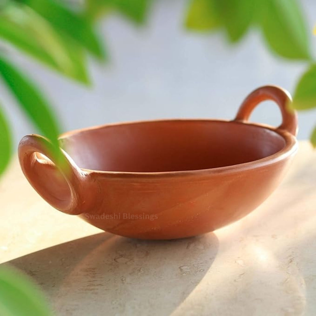 Unglazed Clay Kadai/ Mitti ka Bartan/ Handmade Earthen Kadai for Cooking, 1.8Liters (with Natural Firing Shade &amp; Mirror Shine) + Free ASH for Cleaning