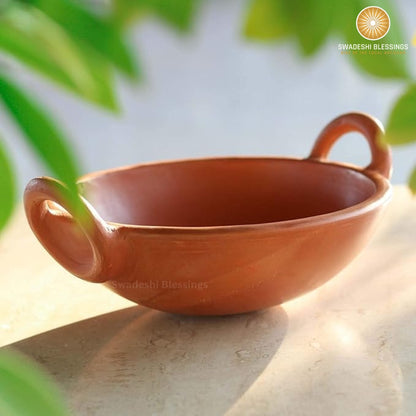 Unglazed Clay Kadai/ Mitti ka Bartan/ Handmade Earthen Kadai for Cooking, 1.8Liters (with Natural Firing Shade &amp; Mirror Shine) + Free ASH for Cleaning