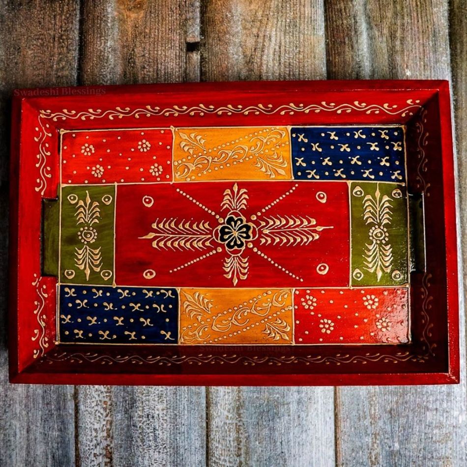 Wooden Serving Tray Set- Handcrafted &amp; Hand-Painted for Kitchen/Table &amp; Home Decor- Antique Red