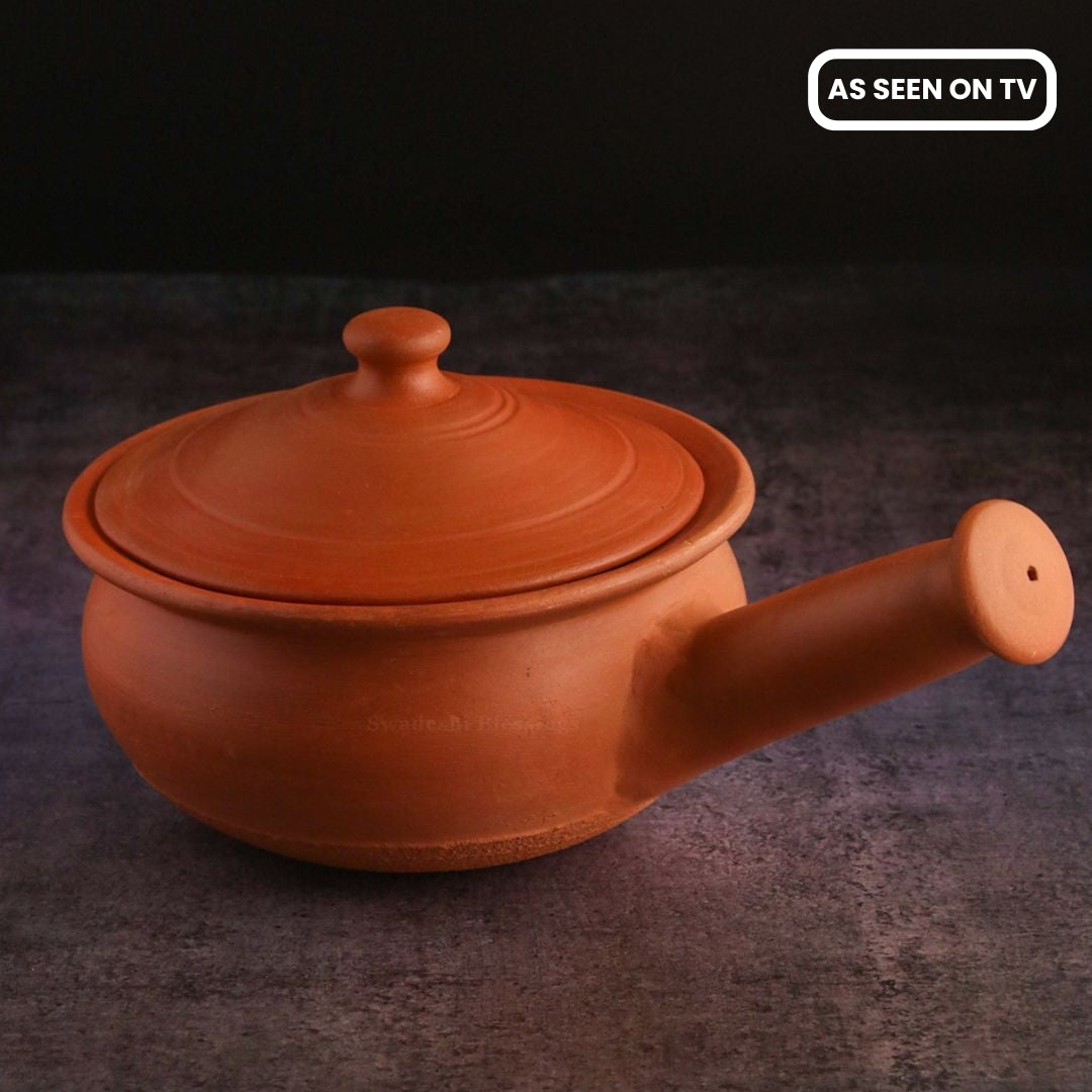 Swadeshi Blessings Exclusive Range HandMade Unglazed Clay Sauce Pan With Lid 1.5L/Earthen Wok/Clay Skillet/Frying Pan(Swadeshi Blessings Exclusive Range)(Curry /Griddle/Spider Fry Pan)