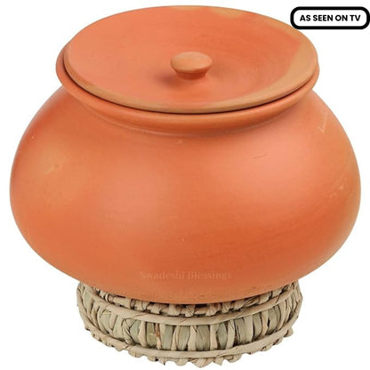 Swadeshi Blessings Exclusive Range Unglazed Mud/Earthen Handi/Mitti Ke Bartan/Clay Pot for Cooking &amp; Serving with Lid, 3 Liters (with Mirror Shine) + Free ASH for Cleaning