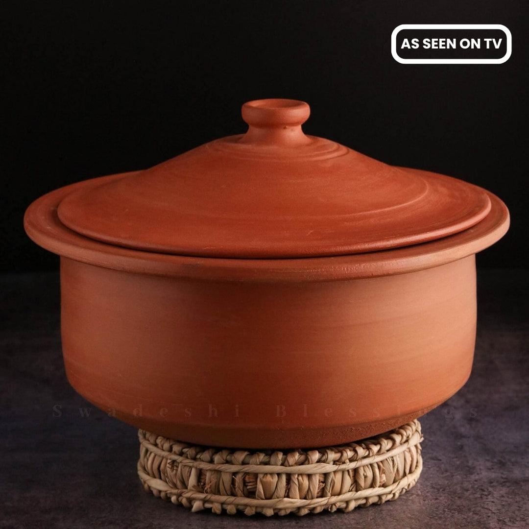 Unglazed Clay Handi/ Handmade Earthen Kadai/ Mud Handi/ Mitti Ke Bartan/ Clay Pot for Cooking &amp; Serving with Lid, (with Mirror Shine) + Free ASH for Cleaning