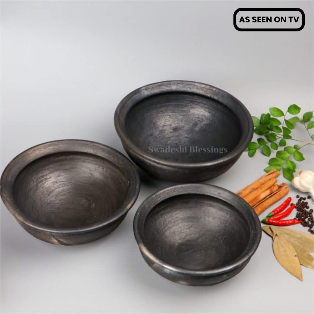 Swadeshi Blessings Exclusive Range Unglazed Earthen pots/Clay Kadai Combo for Cooking (1, 2, 3 L, Black) (with Natural Firing Shade &amp; Mirror Shine) + FREE ASH for Cleaning