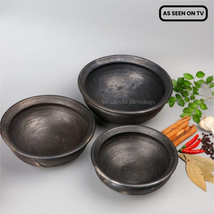 Swadeshi Blessings Exclusive Range Unglazed Earthen pots/Clay Kadai Combo for Cooking (1, 2, 3 L, Black) (with Natural Firing Shade &amp; Mirror Shine) + FREE ASH for Cleaning