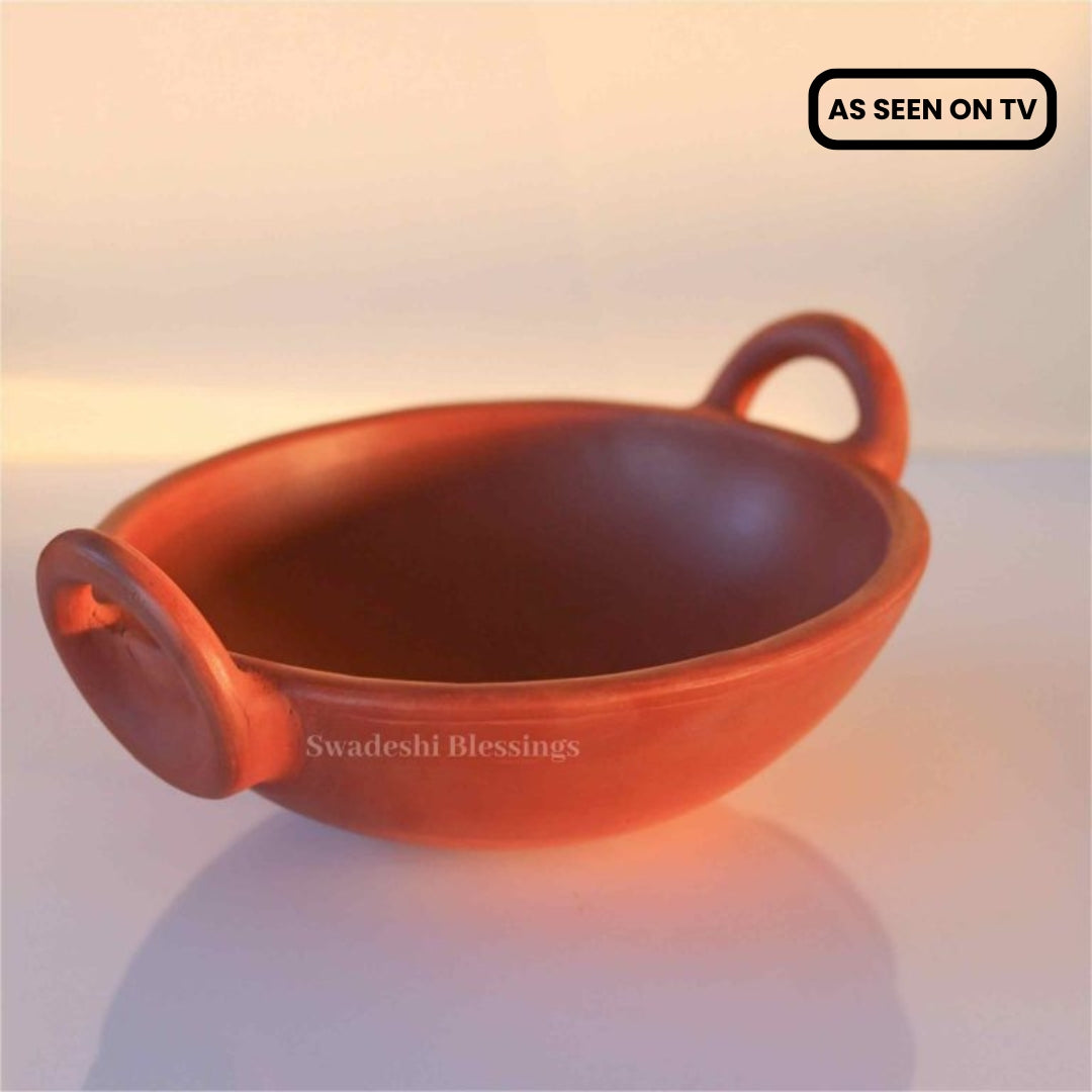 Unglazed Clay Kadai/ Mitti ka Bartan/ Handmade Earthen Kadai for Cooking, 1.8Liters (with Natural Firing Shade &amp; Mirror Shine) + Free ASH for Cleaning