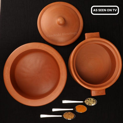 Swadeshi Blessings Exclusive Range Unglazed Clay Handi/Hot Case/Earthen Kadai/Clay Pots Combo For Serving With Lid, 2.5 &amp; 2.8Liter (Natural Firing Shade &amp; Mirror Shine)+FREE ASH For Cleaning