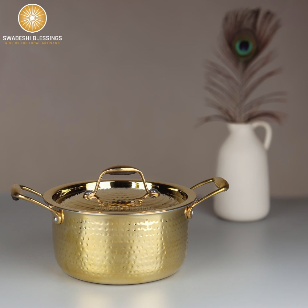 Swadeshi Blessings Exclusive Range Brass Bhagona for Cooking, with Lid/Teflon-Free/Naturally Non-Stick Brass Utensils with Tin Coating