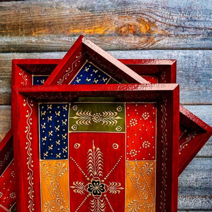 Wooden Serving Tray Set- Handcrafted &amp; Hand-Painted for Kitchen/Table &amp; Home Decor- Antique Red