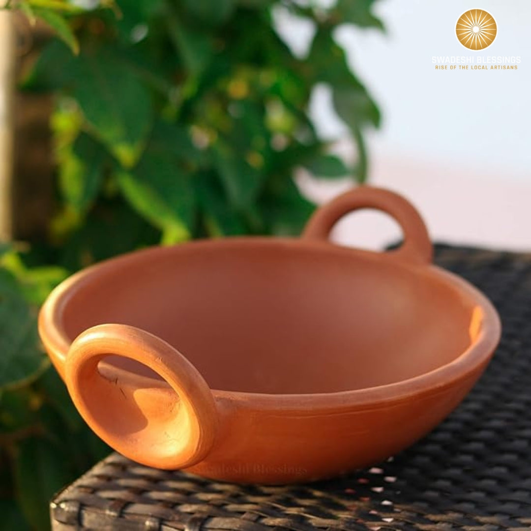 Unglazed Clay Kadai/ Mitti ka Bartan/ Handmade Earthen Kadai for Cooking, 1.8Liters (with Natural Firing Shade &amp; Mirror Shine) + Free ASH for Cleaning