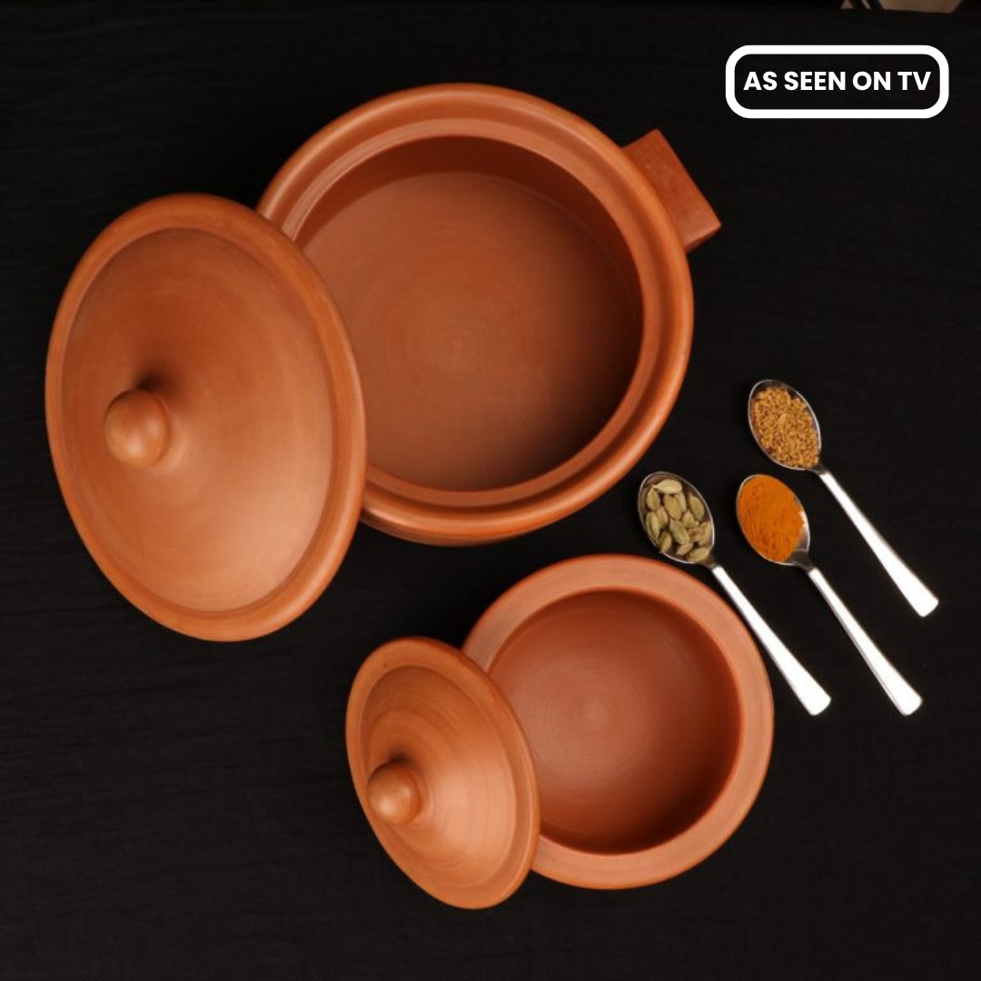 Swadeshi Blessings Exclusive Range Unglazed Clay Dahi Handi/Kadai/Hot Case/Earthen Pots Combo For Cooking &amp; Serving With Lid, 1 &amp; 2.8Liters (Natural Firing Shade &amp; Mirror Shine)+FREE ASH For Cleaning