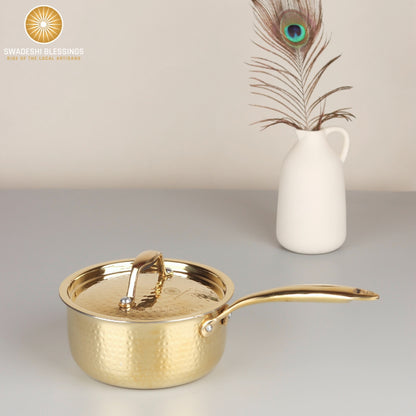 Swadeshi Blessings Exclusive Range Brass Sauce Pan for Cooking, with Lid/Teflon-Free/Naturally Non-Stick Brass Utensils with Tin Coating