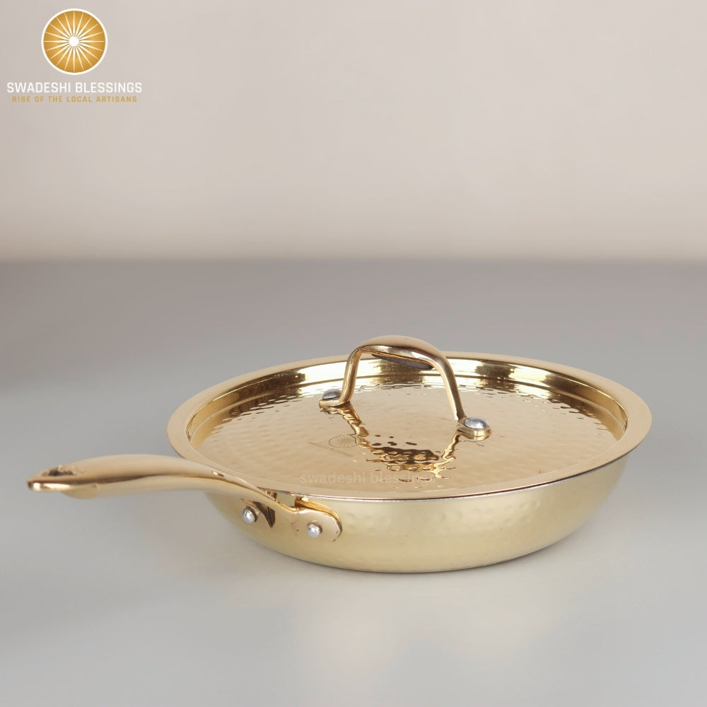 Swadeshi Blessings Exclusive Range Brass Frying Pan for Cooking, with Lid/Teflon-Free/Naturally Non-Stick Brass Utensils with Tin Coating