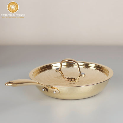 Swadeshi Blessings Exclusive Range Brass Frying Pan for Cooking, with Lid/Teflon-Free/Naturally Non-Stick Brass Utensils with Tin Coating