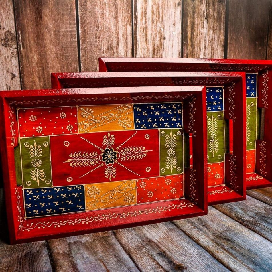 Wooden Serving Tray Set- Handcrafted &amp; Hand-Painted for Kitchen/Table &amp; Home Decor- Antique Red