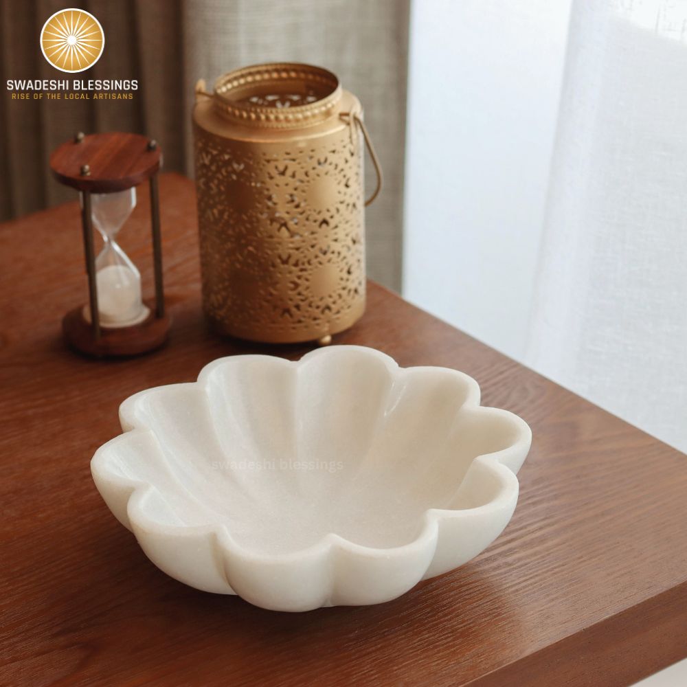 HandCrafted Marble Large Decorative Bowl | White Decorative Bowls for Home Decor | Ruffle Bowl | Scalloped Bowl | Fluted Bowl | Key/Fruit Bowl | Ring Dish | Organic Modern Home Decor Bowl |6-12Inches