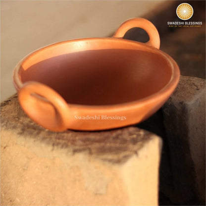 Unglazed Clay Kadai/ Mitti ka Bartan/ Handmade Earthen Kadai for Cooking, 1.8Liters (with Natural Firing Shade &amp; Mirror Shine) + Free ASH for Cleaning