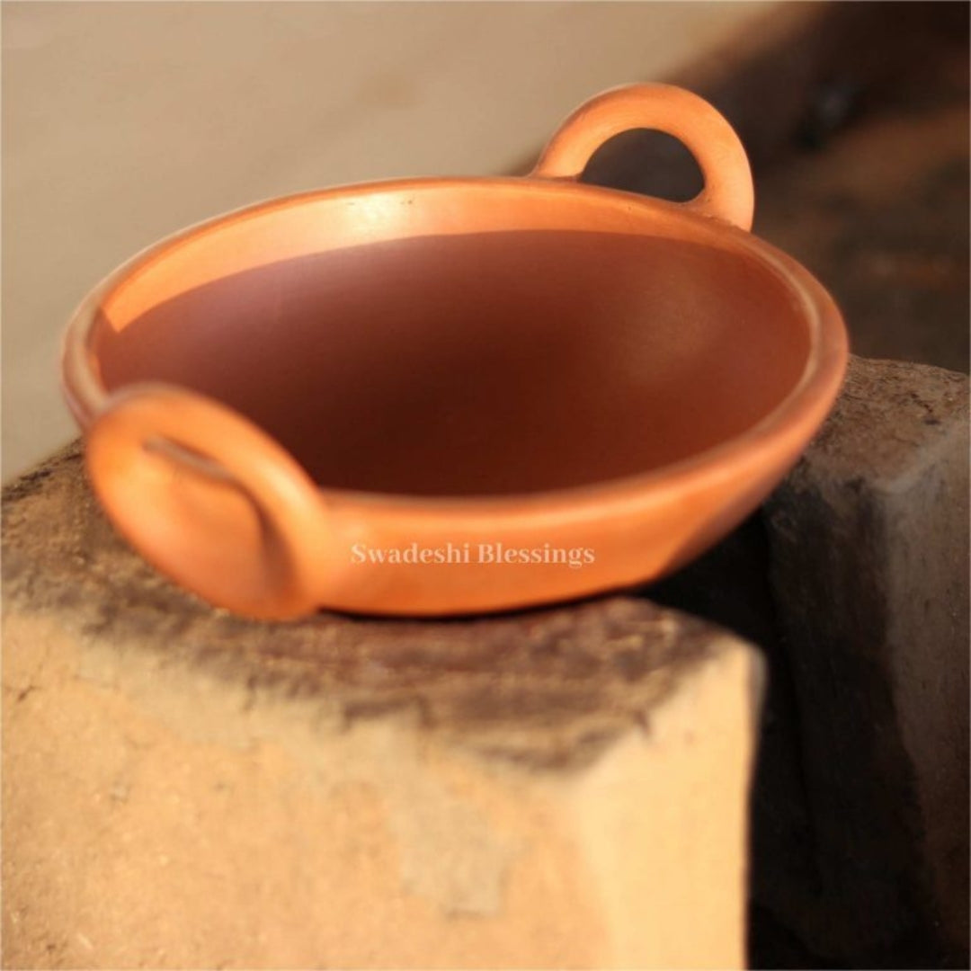 Unglazed Clay Kadai/ Mitti ka Bartan/ Handmade Earthen Kadai for Cooking, 1.8Liters (with Natural Firing Shade &amp; Mirror Shine) + Free ASH for Cleaning