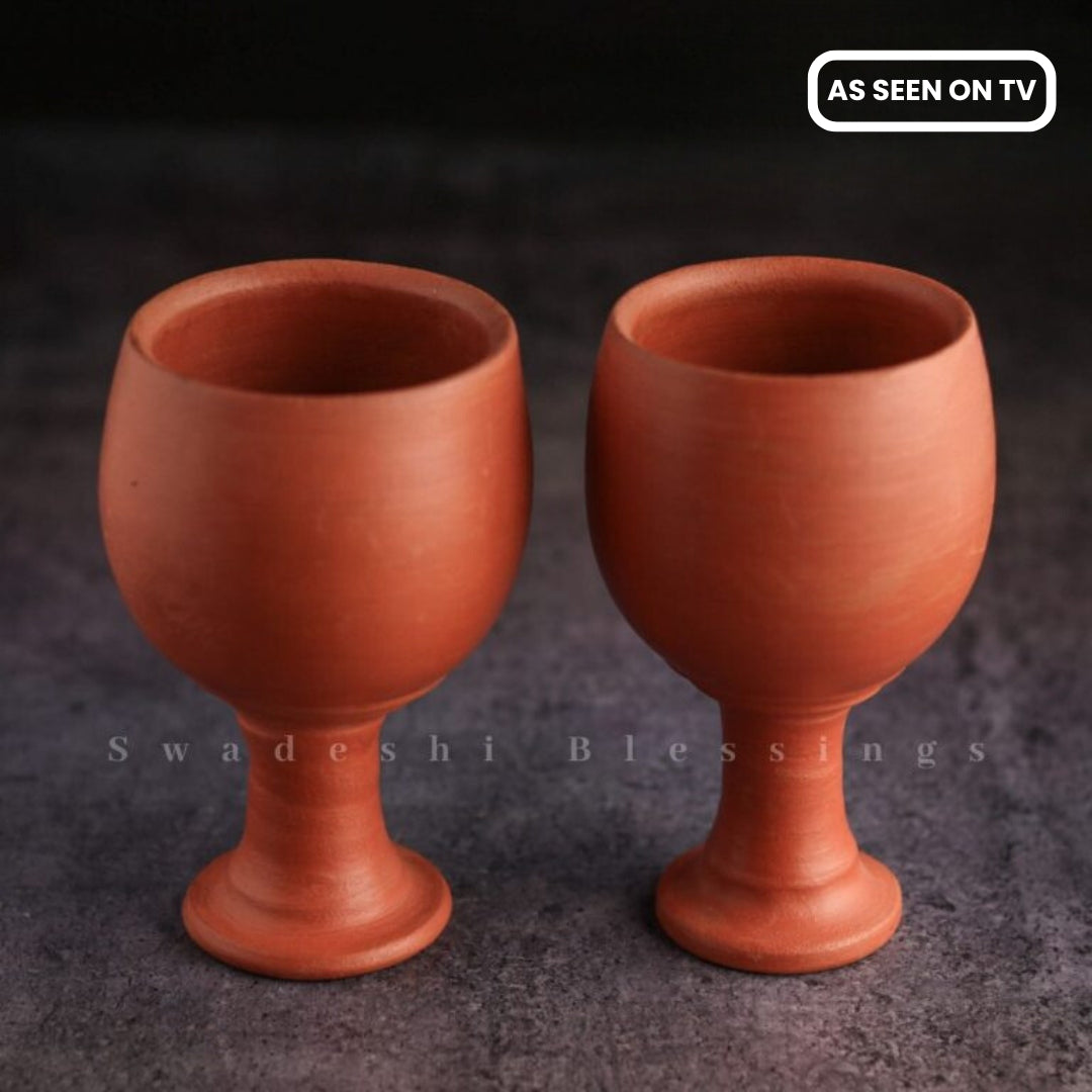 Swadeshi Blessings HandMade Unglazed Royal Clay Goblet Set of 2/Tumblers 200ml/Royal Chalice Cup/Antique Wine Glass/Drinking Glass/HouseWarming-Birthday Gifts