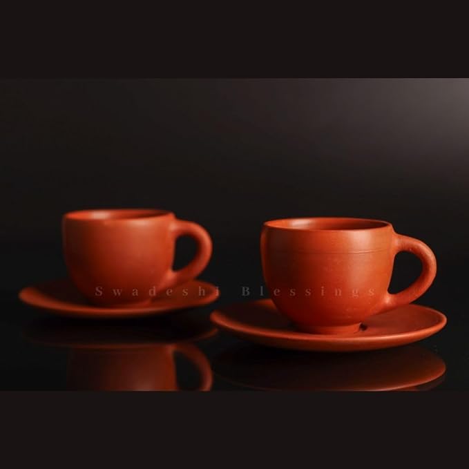 SWADESHI BLESSINGS Exclusive Range Handmade Unglazed Royal Clay Tea Cup with Saucer Set/Kulhad Tea &amp; Coffee Cups, 180ml/ Antique Terracotta Cup and Saucer Set of 2