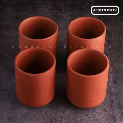 Swadeshi Blessings HandMade Unglazed Royal Clay Glass Set/Tea &amp; Coffee Cups, 300ml/Antique Terracotta Glasses/Drinking Glass/HouseWarming/Birthday Gift