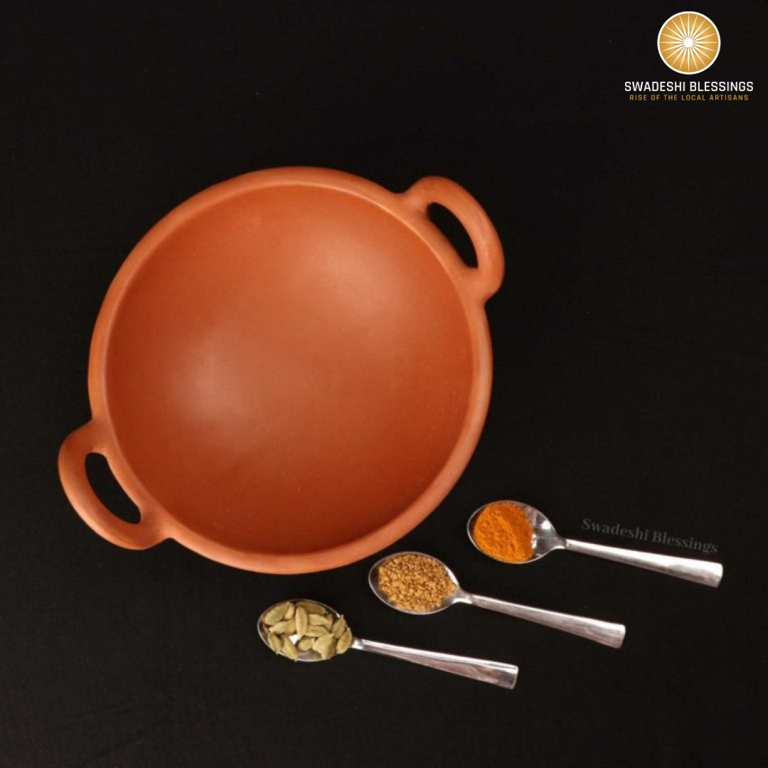 Unglazed Clay Kadai/ Mitti ka Bartan/ Handmade Earthen Kadai for Cooking, 1.8Liters (with Natural Firing Shade &amp; Mirror Shine) + Free ASH for Cleaning