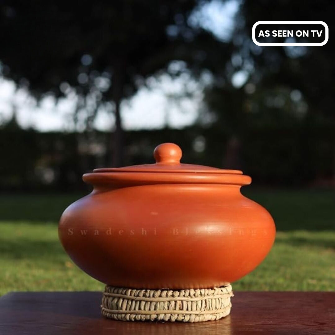 Unglazed Clay Handi/ Handmade Clay Pot for Cooking &amp; Serving with Lid/ Biryani Clay Cookware/ Earthenware Large/ Earthen Kadai(with Natural Mirror Shine) +Free ASH for Cleaning