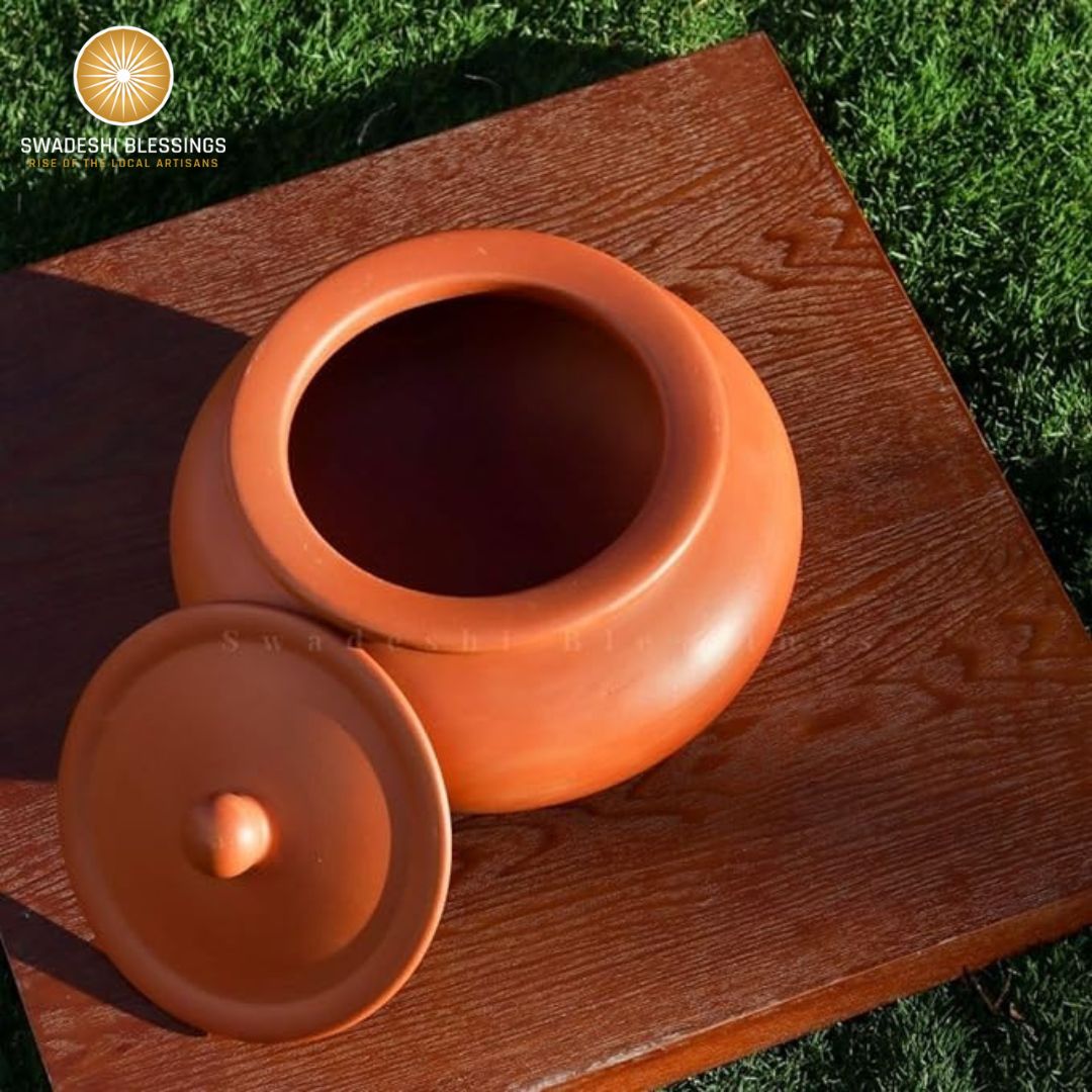 Unglazed Clay Handi/ Handmade Clay Pot for Cooking &amp; Serving with Lid/ Biryani Clay Cookware/ Earthenware Large/ Earthen Kadai(with Natural Mirror Shine) +Free ASH for Cleaning