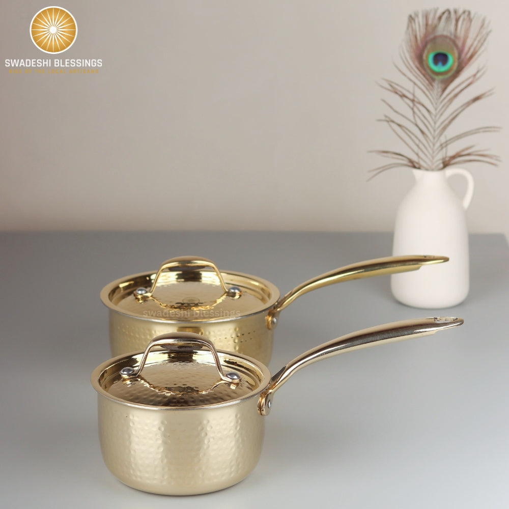 Swadeshi Blessings Exclusive Range Brass Sauce Pan for Cooking, with Lid/Teflon-Free/Naturally Non-Stick Brass Utensils with Tin Coating