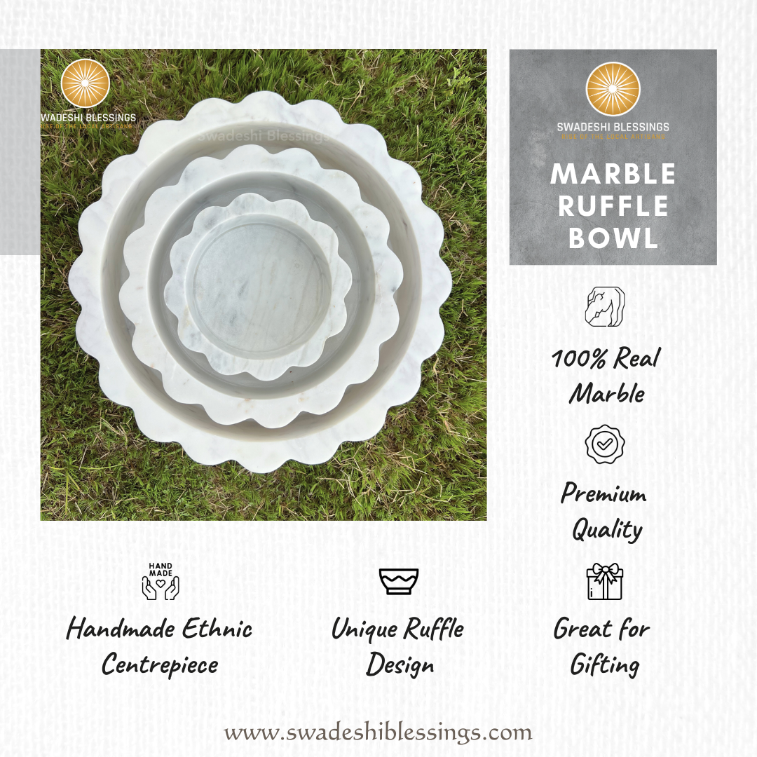 HandCrafted White Marble Decorative Bowl | Ruffle Bowl for Home Decor | Scalloped Bowl | Fluted Bowl | Organic Modern Home Decor Bowl