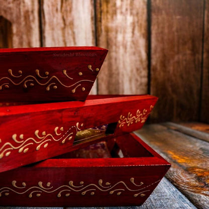 Wooden Serving Tray Set- Handcrafted &amp; Hand-Painted for Kitchen/Table &amp; Home Decor- Antique Red