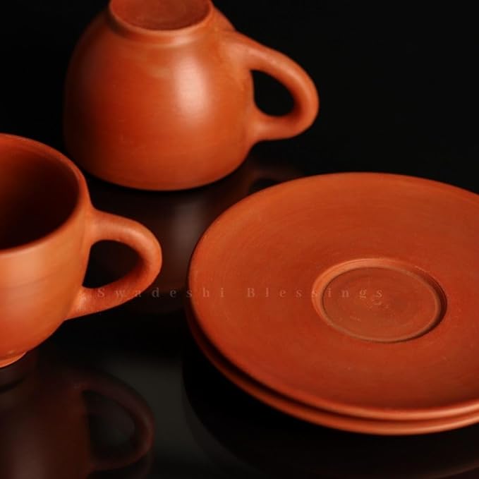 SWADESHI BLESSINGS Exclusive Range Handmade Unglazed Royal Clay Tea Cup with Saucer Set/Kulhad Tea &amp; Coffee Cups, 180ml/ Antique Terracotta Cup and Saucer Set of 2