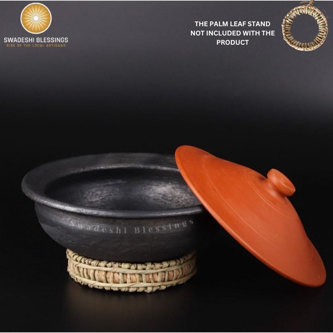 Swadeshi Blessings Exclusive Range Unglazed Earthen Pots/Clay Kadai for Cooking &amp; Serving with Lid 3 Liters (Stone Polished for Mirror Finish) + Free ASH for Cleaning