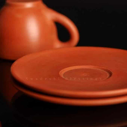 SWADESHI BLESSINGS Exclusive Range Handmade Unglazed Royal Clay Tea Cup with Saucer Set/Kulhad Tea &amp; Coffee Cups, 180ml/ Antique Terracotta Cup and Saucer Set of 2