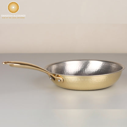 Swadeshi Blessings Exclusive Range Brass Frying Pan for Cooking, with Lid/Teflon-Free/Naturally Non-Stick Brass Utensils with Tin Coating