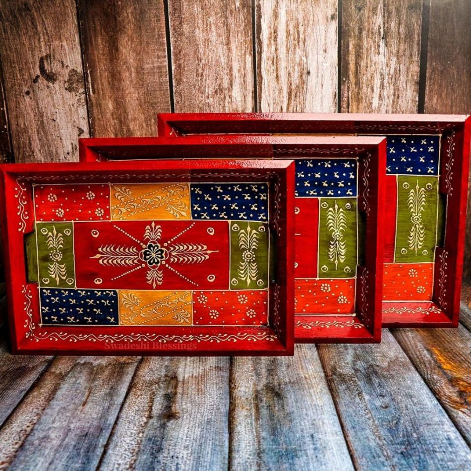 Wooden Serving Tray Set- Handcrafted &amp; Hand-Painted for Kitchen/Table &amp; Home Decor- Antique Red