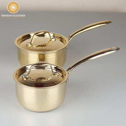 Swadeshi Blessings Exclusive Range Brass Sauce Pan for Cooking, with Lid/Teflon-Free/Naturally Non-Stick Brass Utensils with Tin Coating