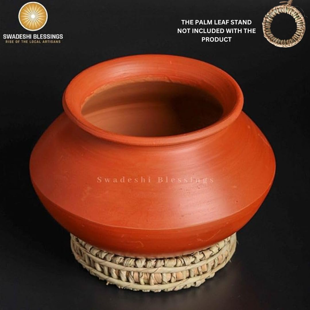 Swadeshi Blessings Exclusive Range Unglazed Mud/Earthen Handi/Mitti Ke Bartan/Clay Pot for Cooking &amp; Serving, (Stone Polished for Mirror Finish) + Free ASH for Cleaning