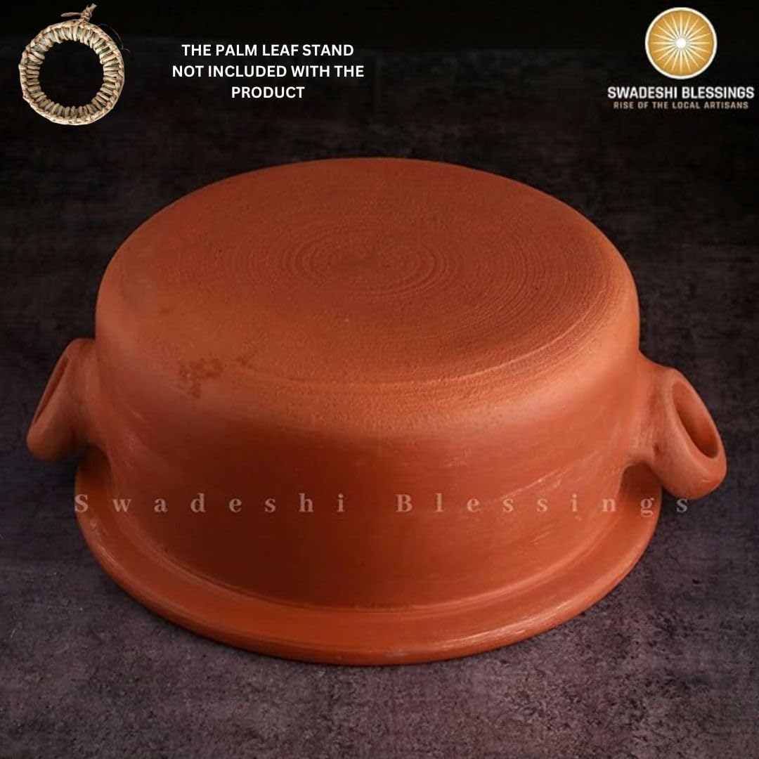 Swadeshi Blessings Exclusive Range Unglazed Clay Pot For Serving with Lid/ Earthen Kadai /Mud Handi/ Mitti Ke Bartan (With Flat Base &amp; Mirror Finish) + FREE ASH For Cleaning