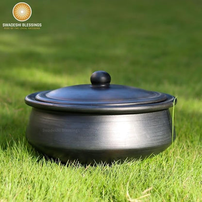 Unglazed Clay Handi/ Handmade Earthen Kadai/ Clay Pot For Cooking &amp; Serving with Lid, 2.8Liters (With Natural White Firing Shade &amp; Mirror Shine) + FREE ASH For Cleaning