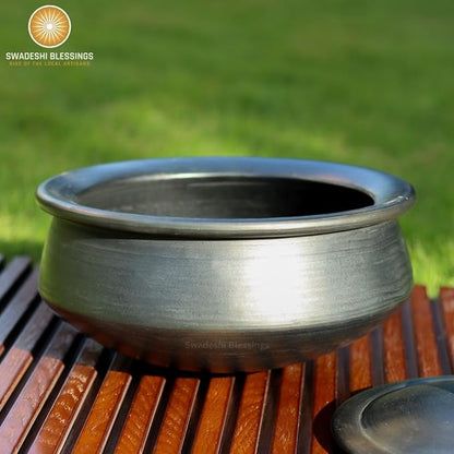 Unglazed Clay Handi/ Handmade Earthen Kadai/ Clay Pot For Cooking &amp; Serving with Lid, 2.8Liters (With Natural White Firing Shade &amp; Mirror Shine) + FREE ASH For Cleaning