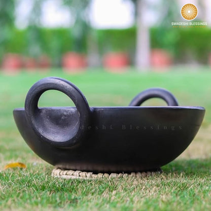 Unglazed Clay Kadai/ Mitti ka Bartan/ Handmade Earthen Kadai for Cooking, 1.8Liters (with Natural Firing Shade &amp; Mirror Shine) + Free ASH for Cleaning