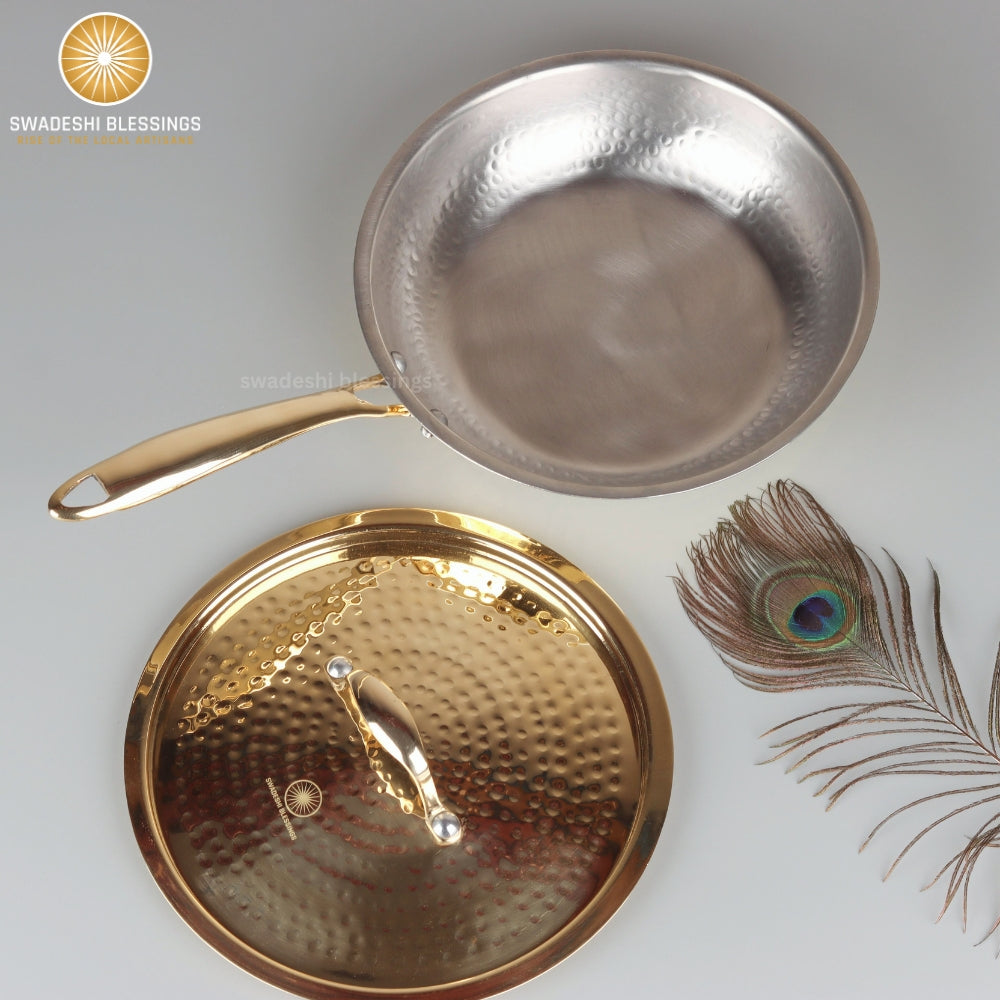 Swadeshi Blessings Exclusive Range Brass Frying Pan for Cooking, with Lid/Teflon-Free/Naturally Non-Stick Brass Utensils with Tin Coating