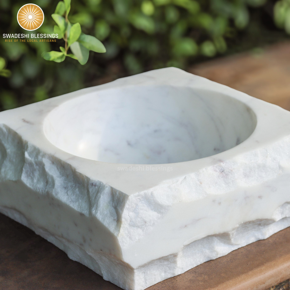 HandCrafted White Marble Rock Finish Decorative Bowl | Marble Bowl for Home Decor | Key/Fruit Bowl | Organic Modern Home Decor Bowl