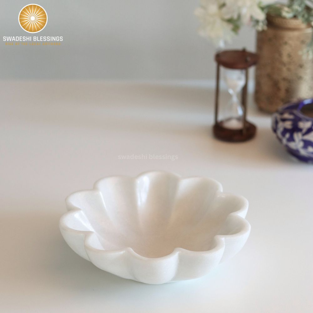 HandCrafted Marble Large Decorative Bowl | White Decorative Bowls for Home Decor | Ruffle Bowl | Scalloped Bowl | Fluted Bowl | Key/Fruit Bowl | Ring Dish | Organic Modern Home Decor Bowl | 6-12 Inches